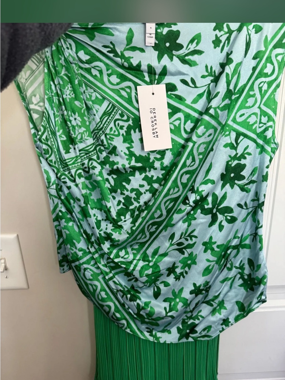 Derek Lam 10 Crosby Green Floral  Top with gold adornment